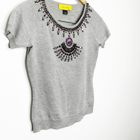 ST. JOHN wool silk knit beaded short sleeve silver gray embellished womens XS - Picture 3 of 10